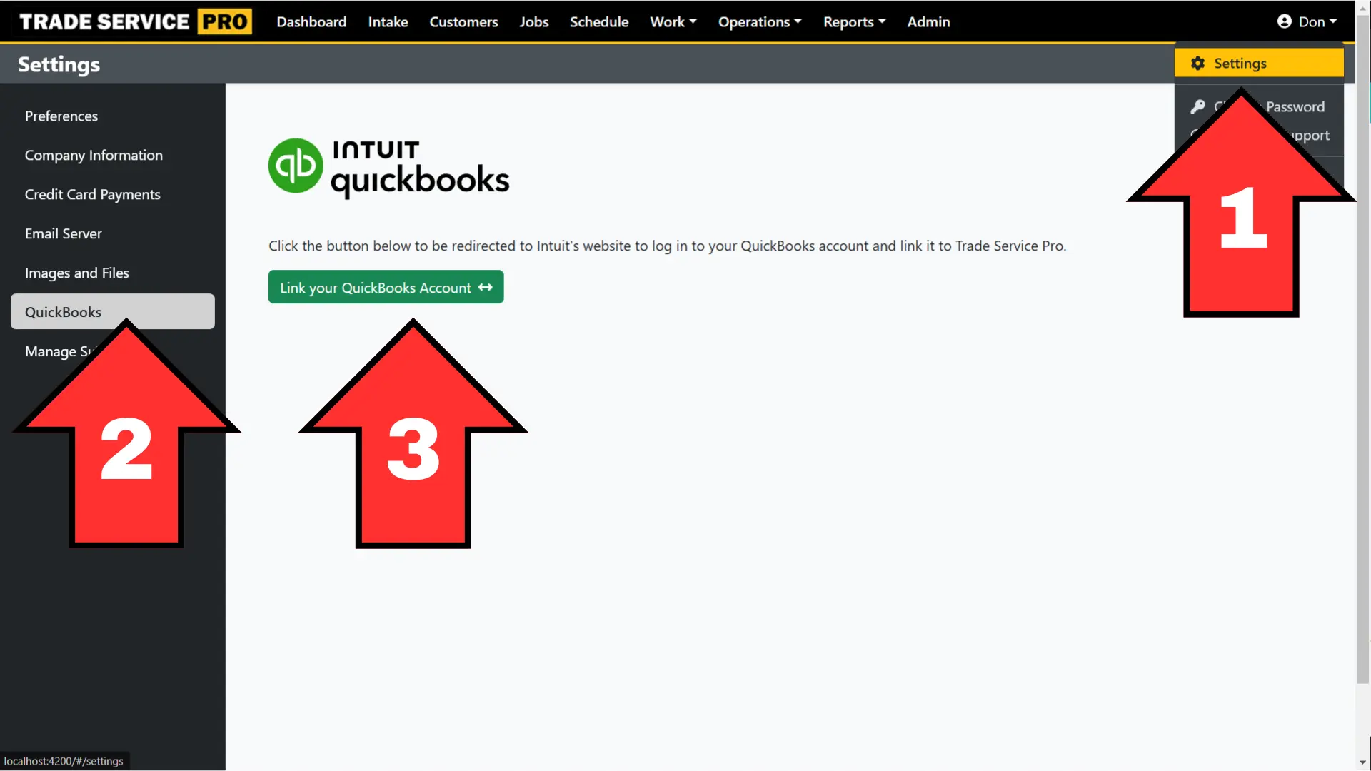Connecting your QuickBooks Online account to Trade Service Pro - step 1