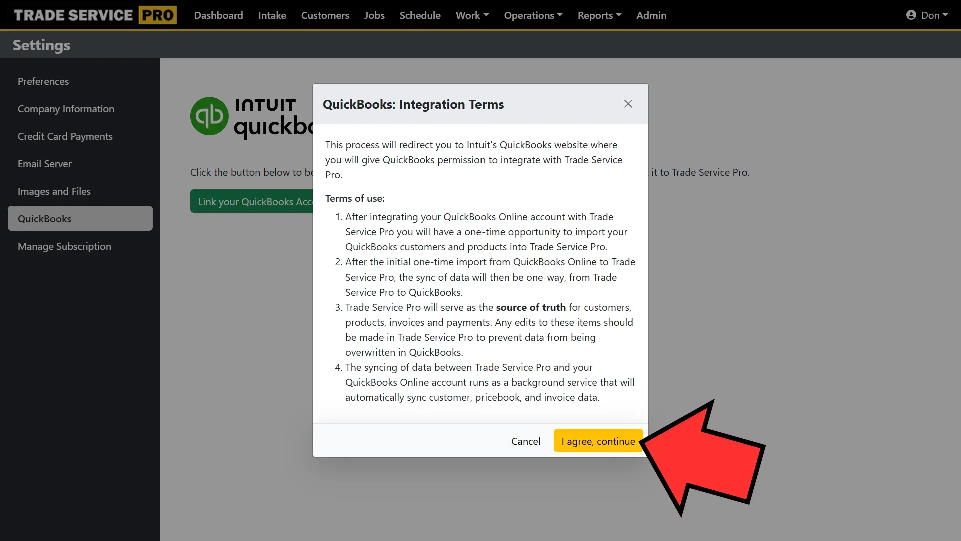 Connecting your QuickBooks Online account to Trade Service Pro - step 2
