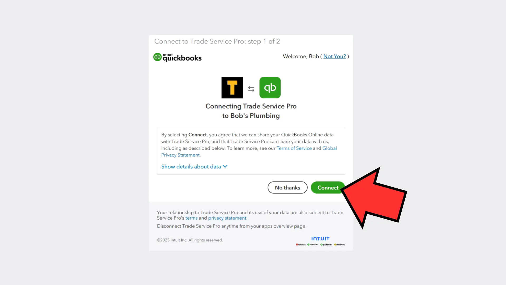 Connecting your QuickBooks Online account to Trade Service Pro - step 3