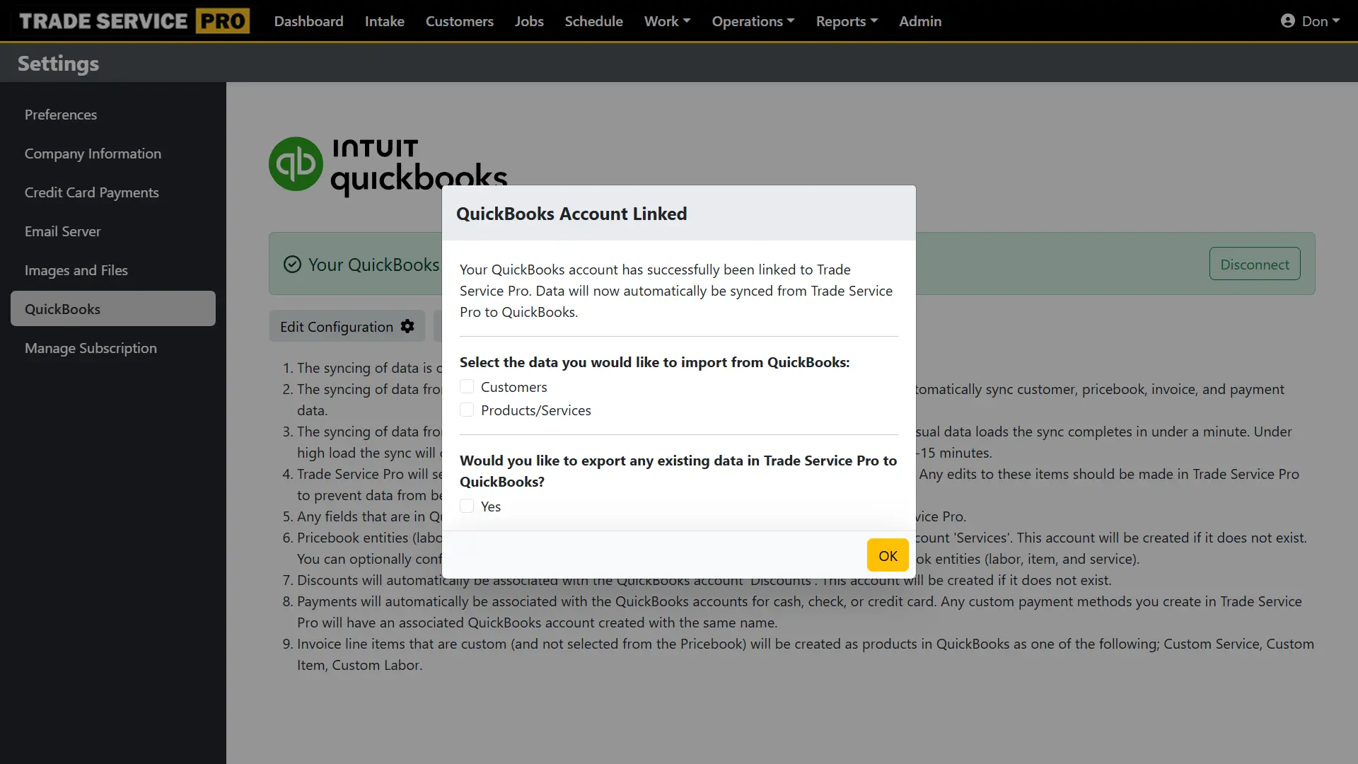 Connecting your QuickBooks Online account to Trade Service Pro - step 4
