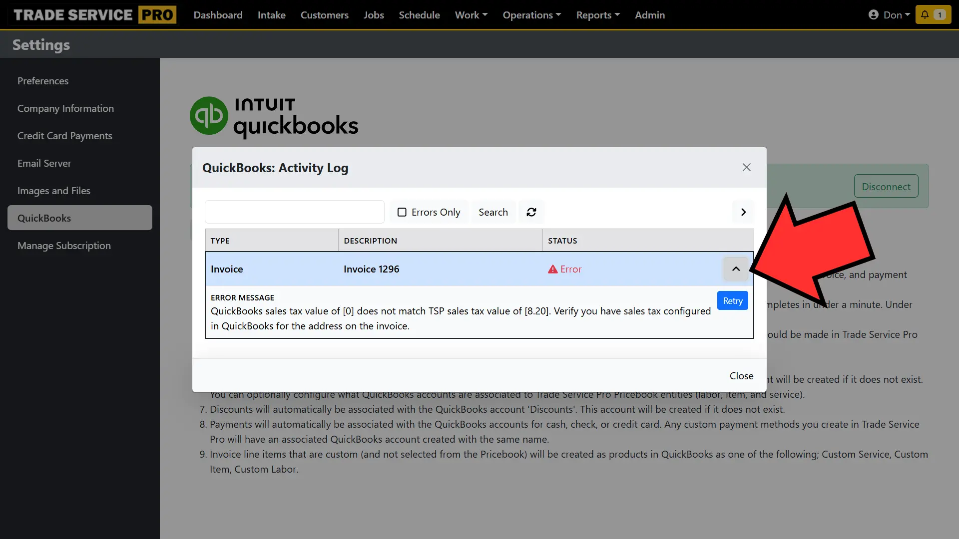 Retry QuickBooks failed sync