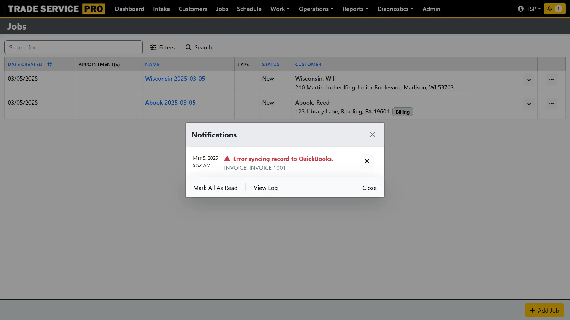 QuickBooks failed sync notification view.