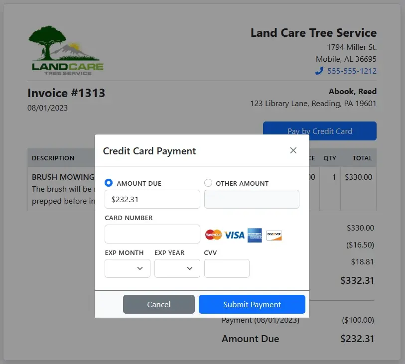 Invoice customer ePay screen
