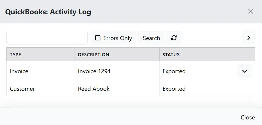 QuickBooks sync log