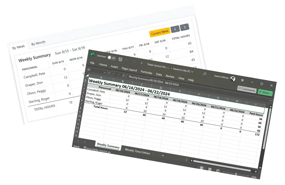 screenshots of field service management timesheet report and Excel export